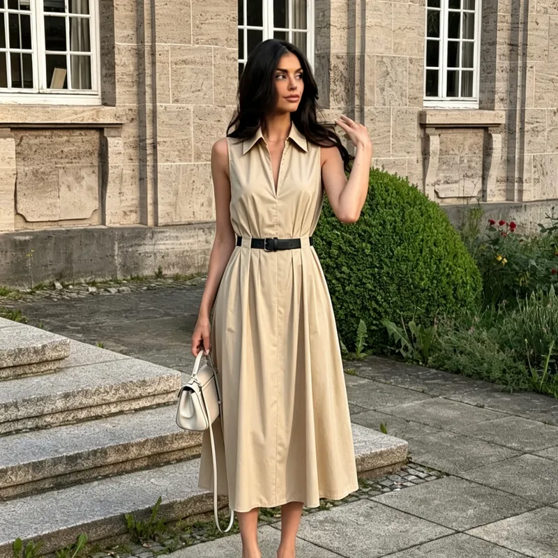 Vestido camisero midi con cinturón