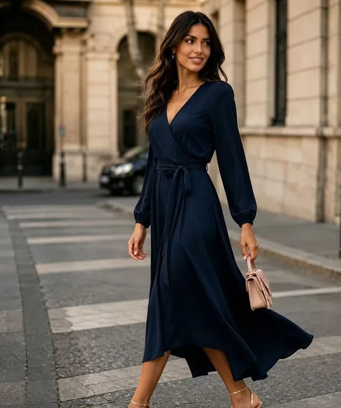 Vestido midi cruzado con cinturón