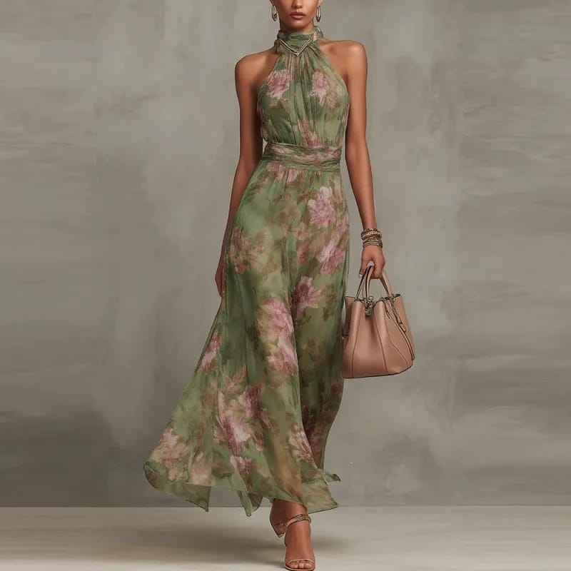 Vestido maxi floral con cuello halter
