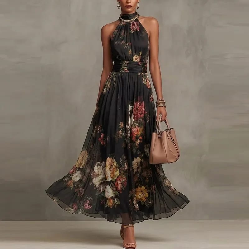 Vestido maxi floral con cuello halter
