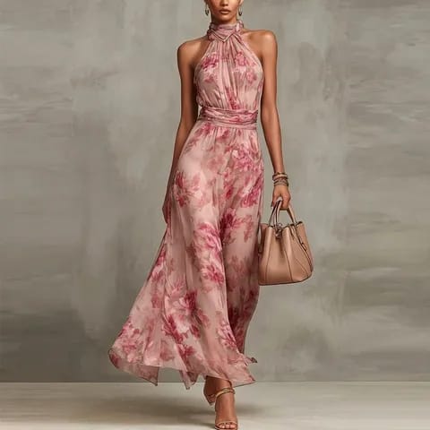 Vestido maxi floral con cuello halter